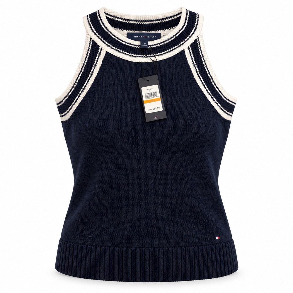Tommy Hilfiger Womens Navy Blue Striped Trim Sleeveless Sweater Tank Top S NEW